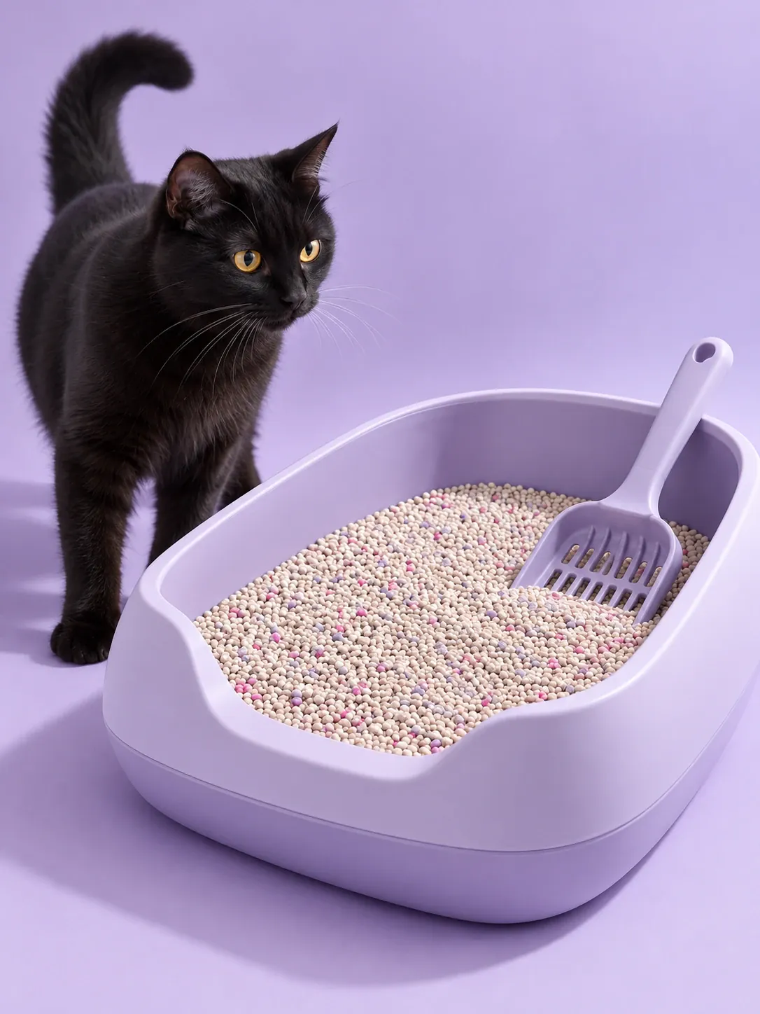 Gato negro junto a una bandeja lila con pala y arena Aroma Lavanda